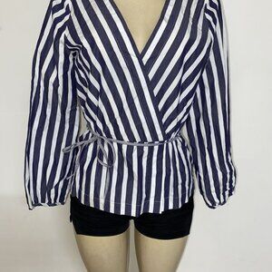 JC Crew Black Label Cotton Midnight Navy W White Stripes Long Sleeve Blouse SZ 4